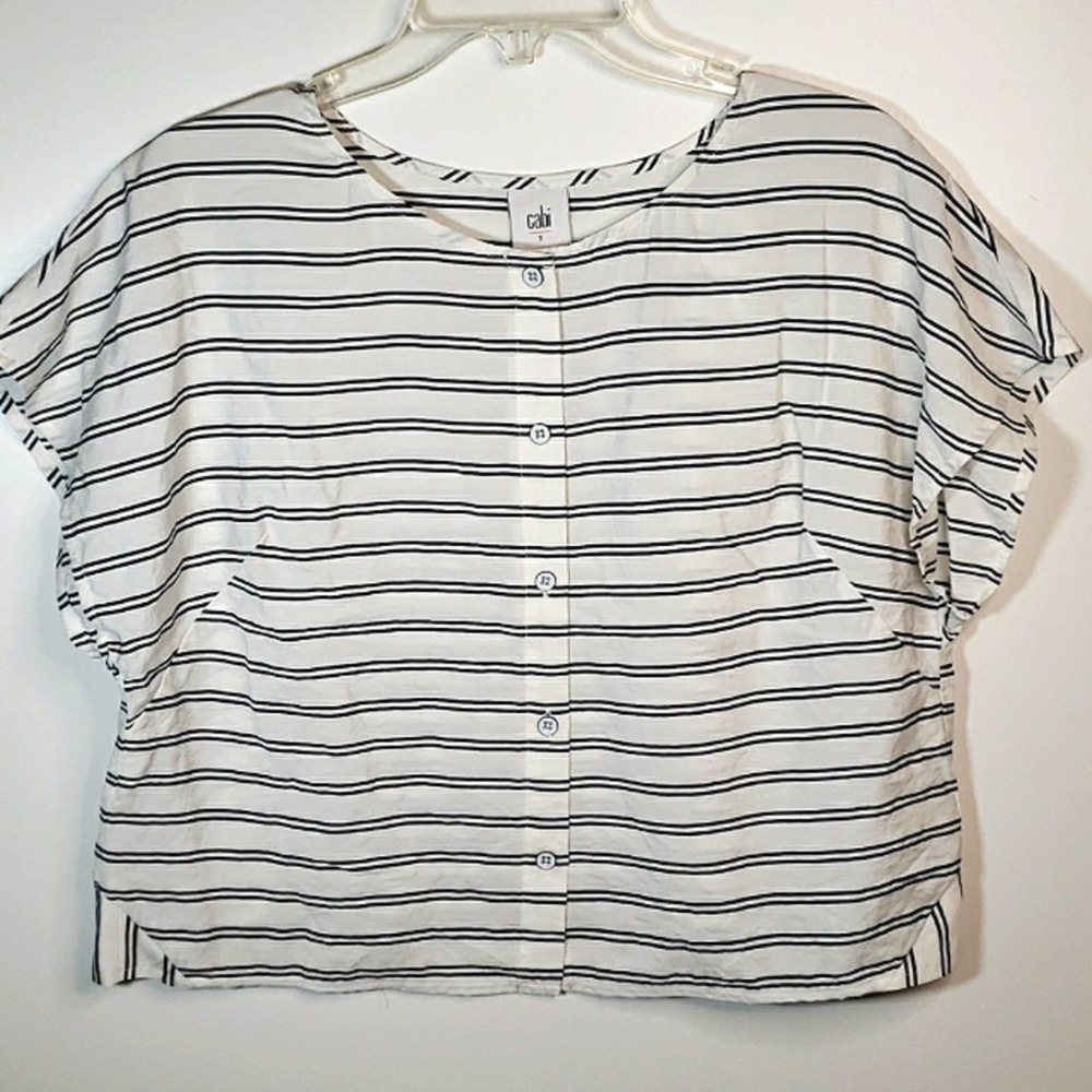 Cabi Sz S Cropped Navy White Striped Button Up Top